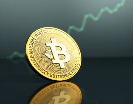 Binance Coin (BNB) token on reflective surface with upward market trend in background, representing price prediction analysis.