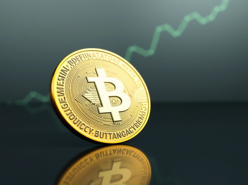 Binance Coin (BNB) token on reflective surface with upward market trend in background, representing price prediction analysis.