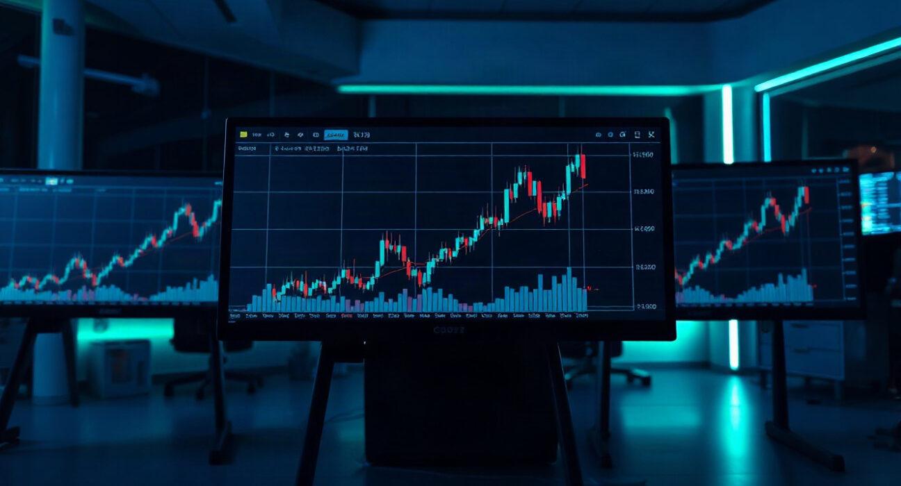 Cryptocurrency trading charts on monitors showing an upward trend