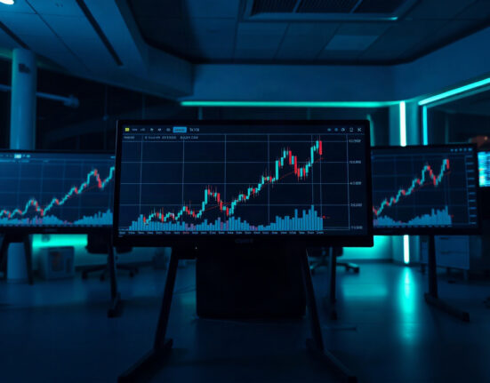 Cryptocurrency trading charts on monitors showing an upward trend