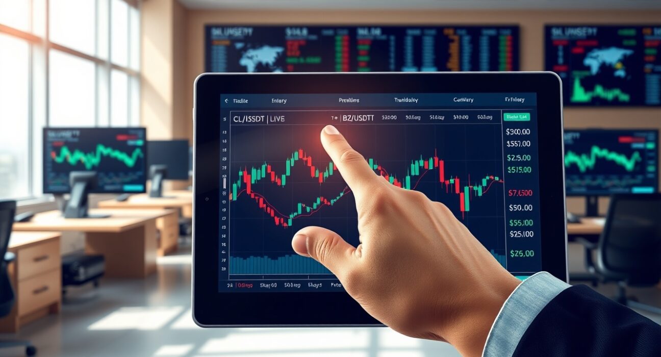 Binance crude oil futures trading interface showing live market data and billion-dollar volume indicators on a professional tablet.