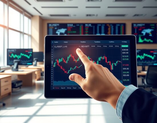 Binance crude oil futures trading interface showing live market data and billion-dollar volume indicators on a professional tablet.