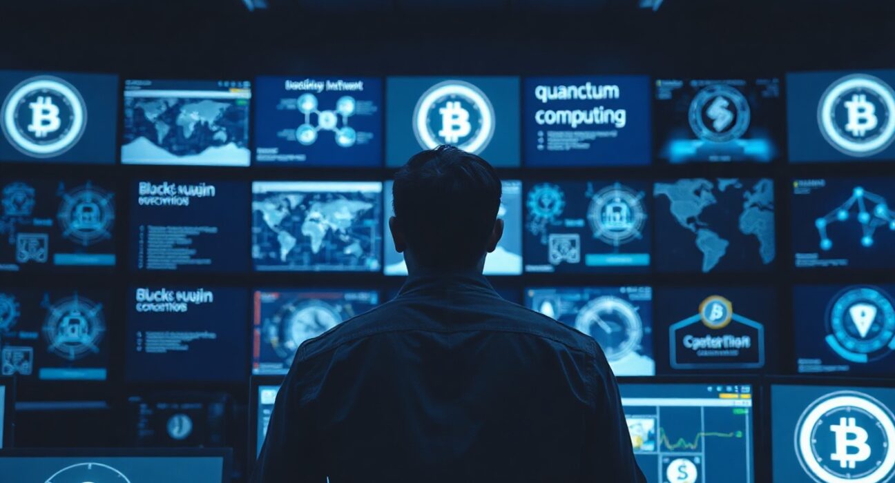 Cybersecurity analyst monitoring blockchain and quantum computing screens in a security operations center