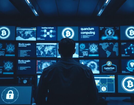 Cybersecurity analyst monitoring blockchain and quantum computing screens in a security operations center