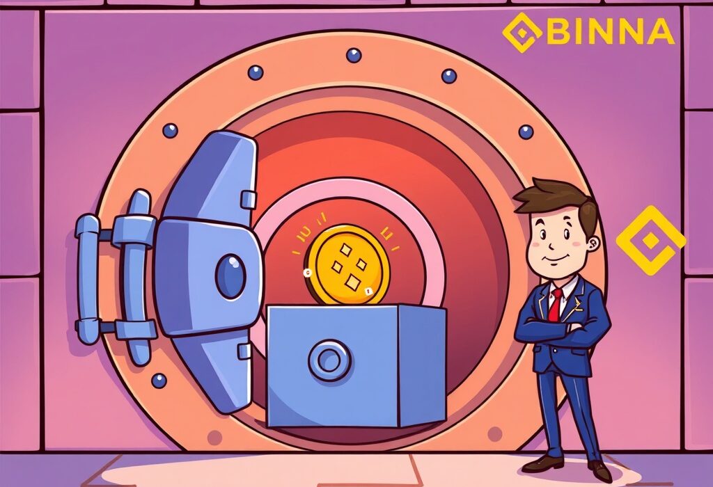 A cartoon illustration depicting Binance custody of user funds in a secure BBVA vault, symbolizing enhanced digital asset security.