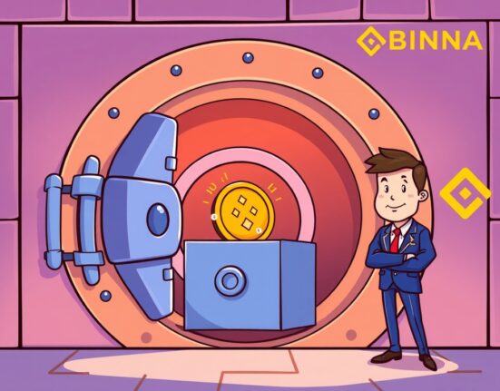 A cartoon illustration depicting Binance custody of user funds in a secure BBVA vault, symbolizing enhanced digital asset security.