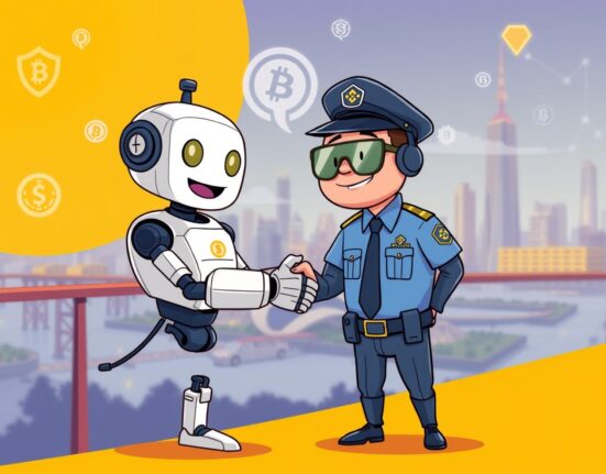 Cartoon illustration showing Binance's cooperation with South Korean police, symbolizing joint efforts against Binance cybercrime.