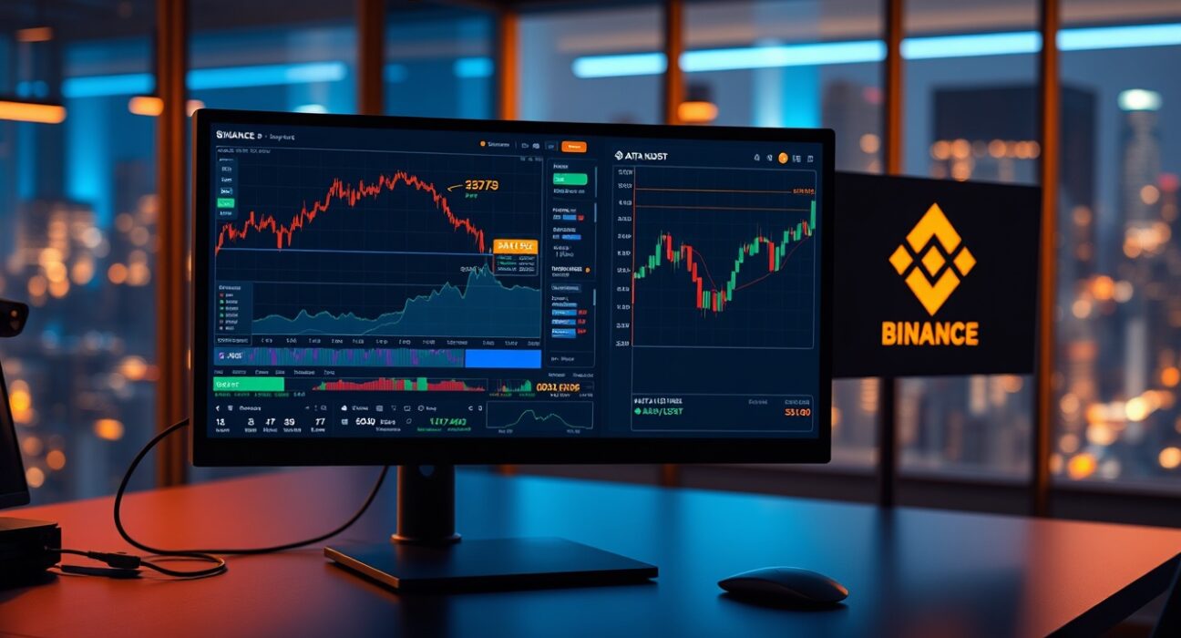 Binance trading interface showing DATAIP perpetual futures with 20x leverage on multiple monitors in a professional trading environment.