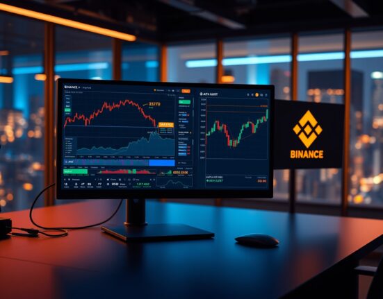 Binance trading interface showing DATAIP perpetual futures with 20x leverage on multiple monitors in a professional trading environment.