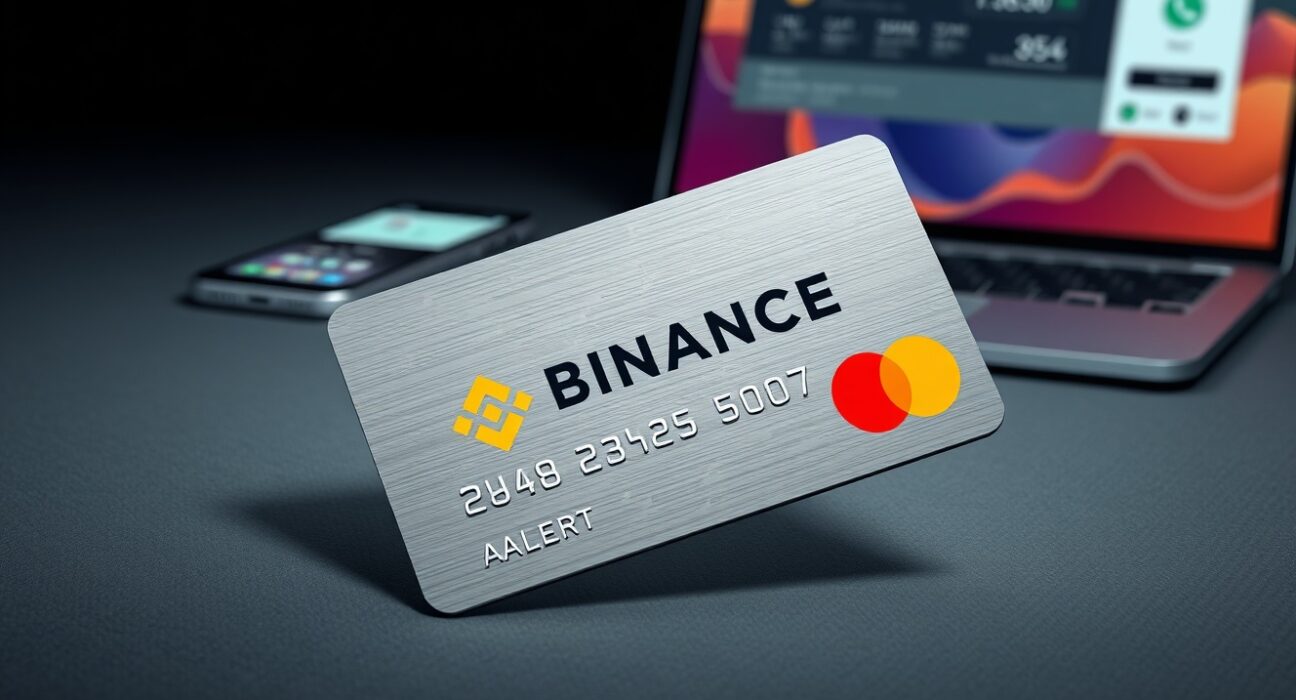 Binance debit card on dark surface with Mastercard logo, representing crypto spending and cashback benefits.