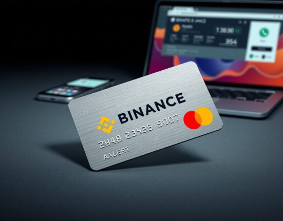 Binance debit card on dark surface with Mastercard logo, representing crypto spending and cashback benefits.