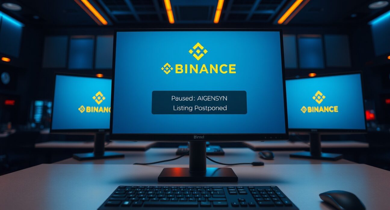 Binance trading desk showing delayed AIGENSYN listing status on a monitor