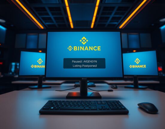 Binance trading desk showing delayed AIGENSYN listing status on a monitor