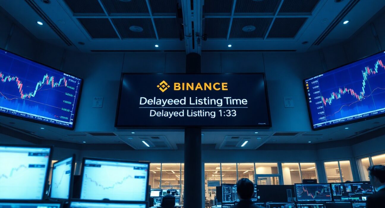 Binance trading floor with monitors showing delayed GENIUS and OPG listings