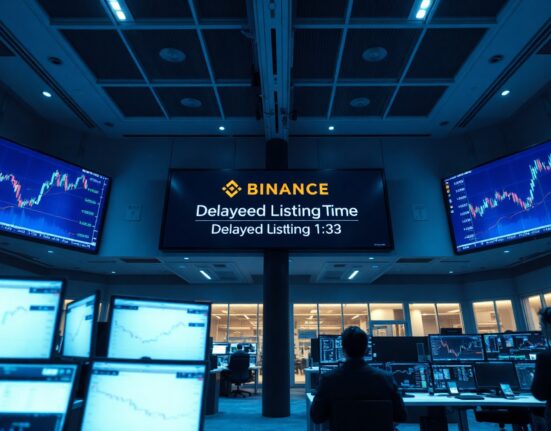 Binance trading floor with monitors showing delayed GENIUS and OPG listings