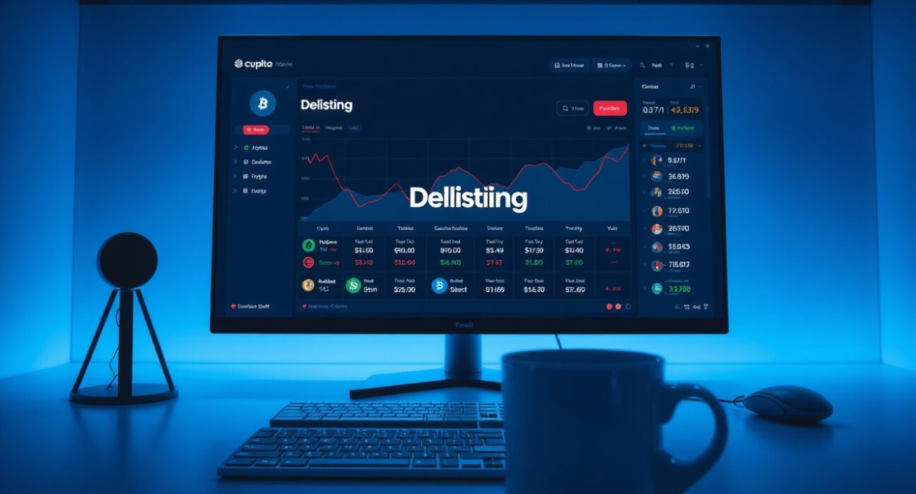 Cryptocurrency trading dashboard on a monitor showing delisting alerts for multiple trading pairs