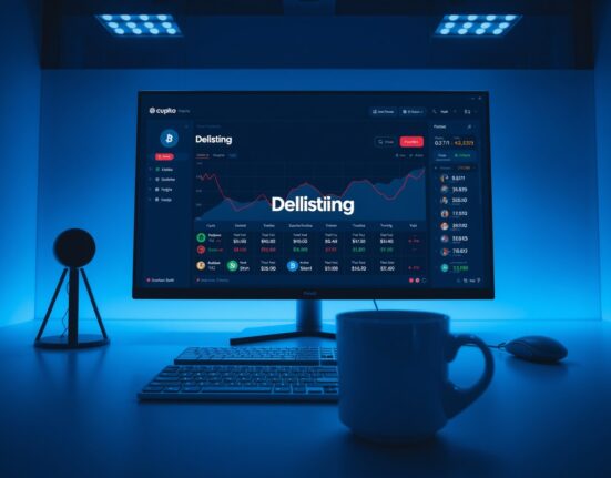 Cryptocurrency trading dashboard on a monitor showing delisting alerts for multiple trading pairs