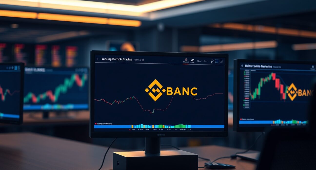 Binance trading interface on a monitor in a professional trading office