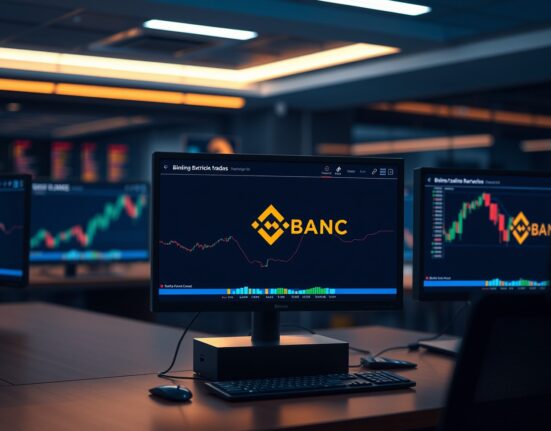 Binance trading interface on a monitor in a professional trading office