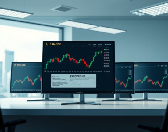 Binance trading platform screens showing delisting notice for margin trading pairs including 1INCH and SUSHI.