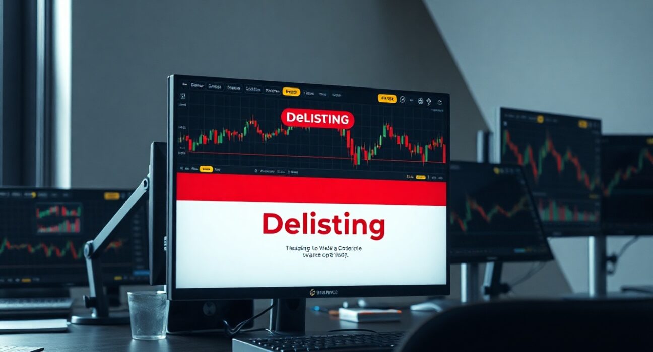 Trading monitors showing cryptocurrency charts with a Binance delisting notification