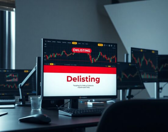 Trading monitors showing cryptocurrency charts with a Binance delisting notification
