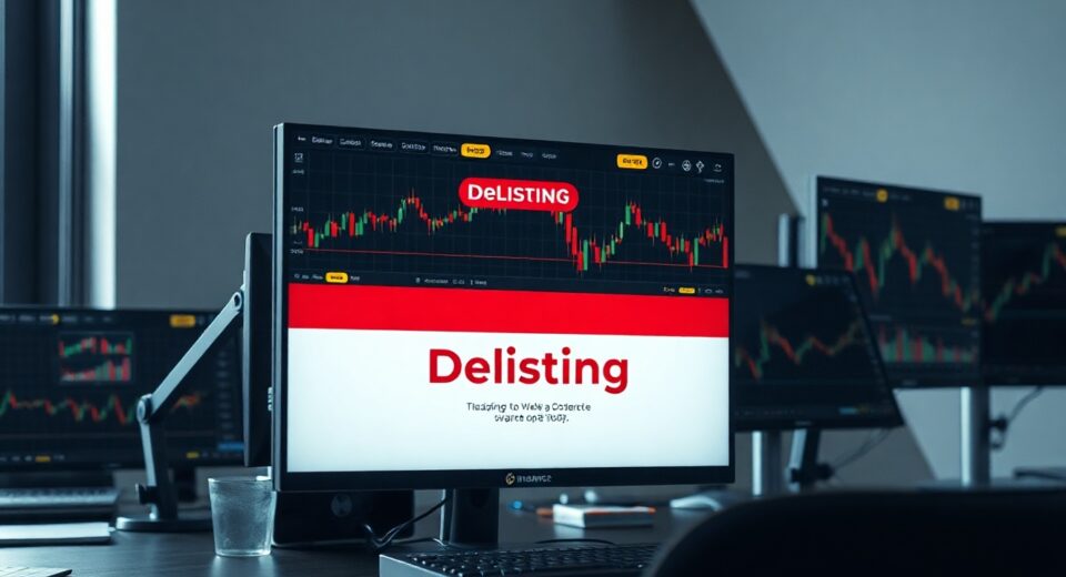 Trading monitors showing cryptocurrency charts with a Binance delisting notification