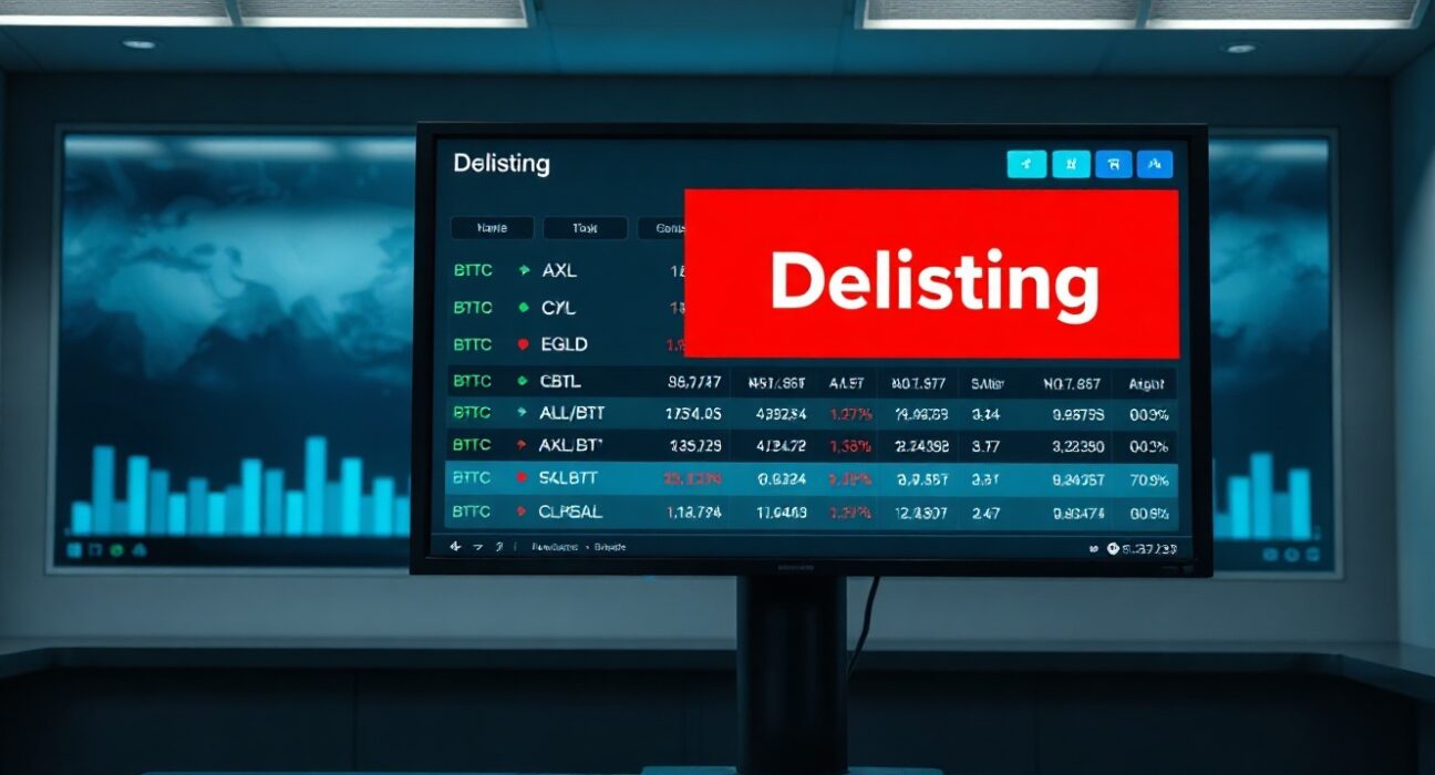 Cryptocurrency trading monitor showing Binance delisting alert for multiple trading pairs