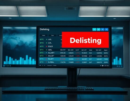 Cryptocurrency trading monitor showing Binance delisting alert for multiple trading pairs
