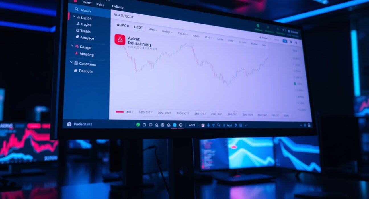 Cryptocurrency trading screen showing AERGO/USDT delisting notification on Binance