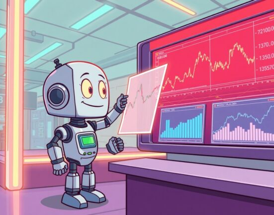 Binance delisting AIA perpetual futures shown through a robot removing a trading chart in a digital exchange