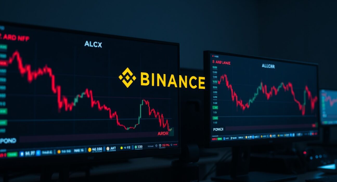 Binance trading interface showing delisted tokens ALCX, ARDR, NFP, and POND with red price charts