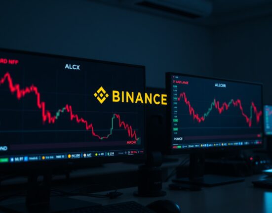 Binance trading interface showing delisted tokens ALCX, ARDR, NFP, and POND with red price charts