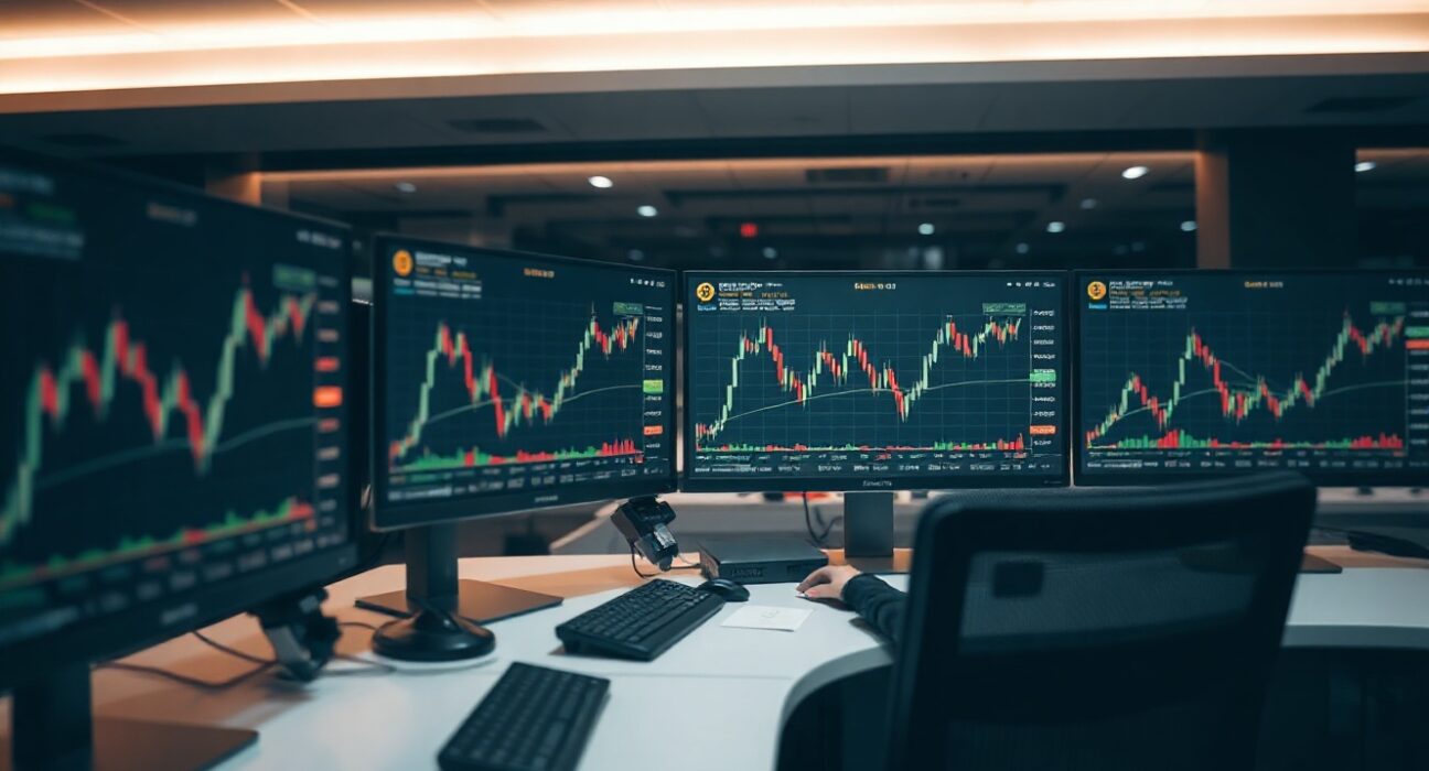 Cryptocurrency trading charts on monitors in a professional trading environment