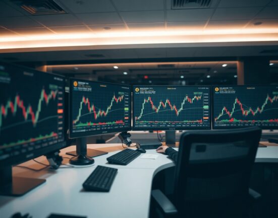 Cryptocurrency trading charts on monitors in a professional trading environment