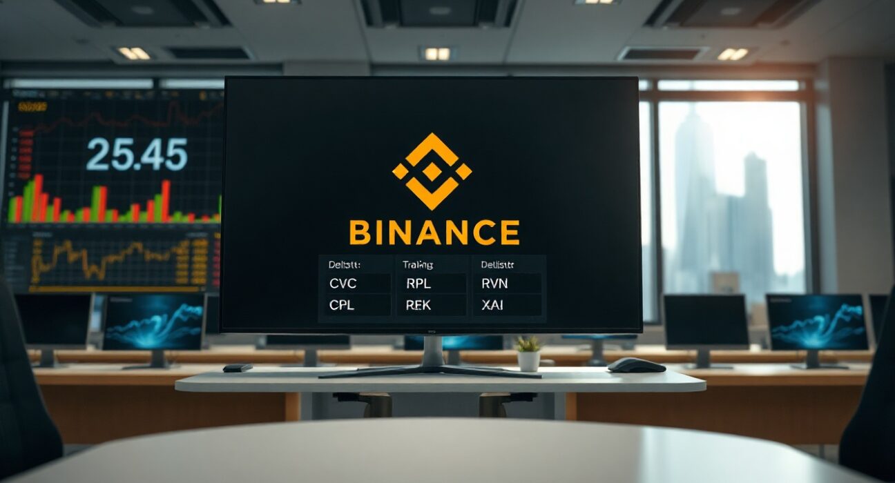 Binance delisting announcement for cross-margin pairs CVC, RPL, RVN, and XAI on a digital trading screen