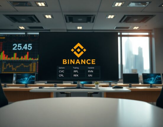 Binance delisting announcement for cross-margin pairs CVC, RPL, RVN, and XAI on a digital trading screen