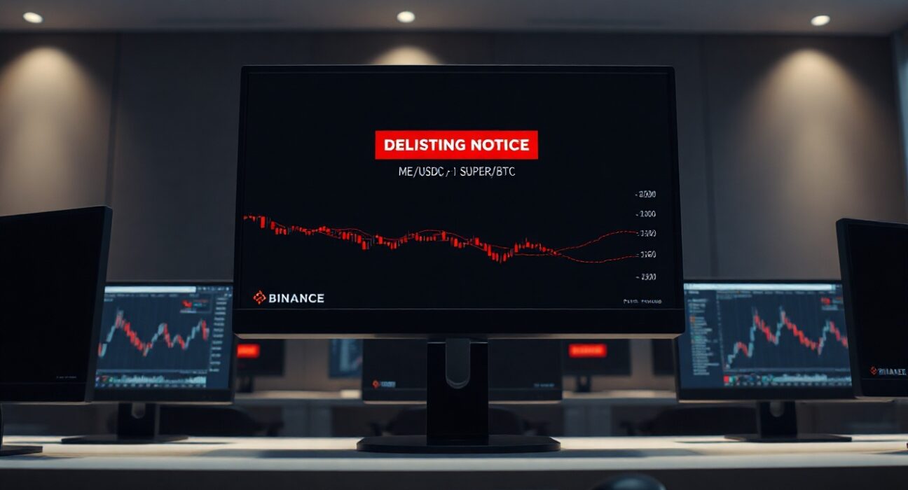 Binance delisting notice on trading desk monitors with ME/USDC and SUPER/BTC pairs