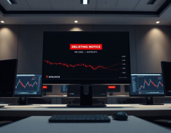 Binance delisting notice on trading desk monitors with ME/USDC and SUPER/BTC pairs
