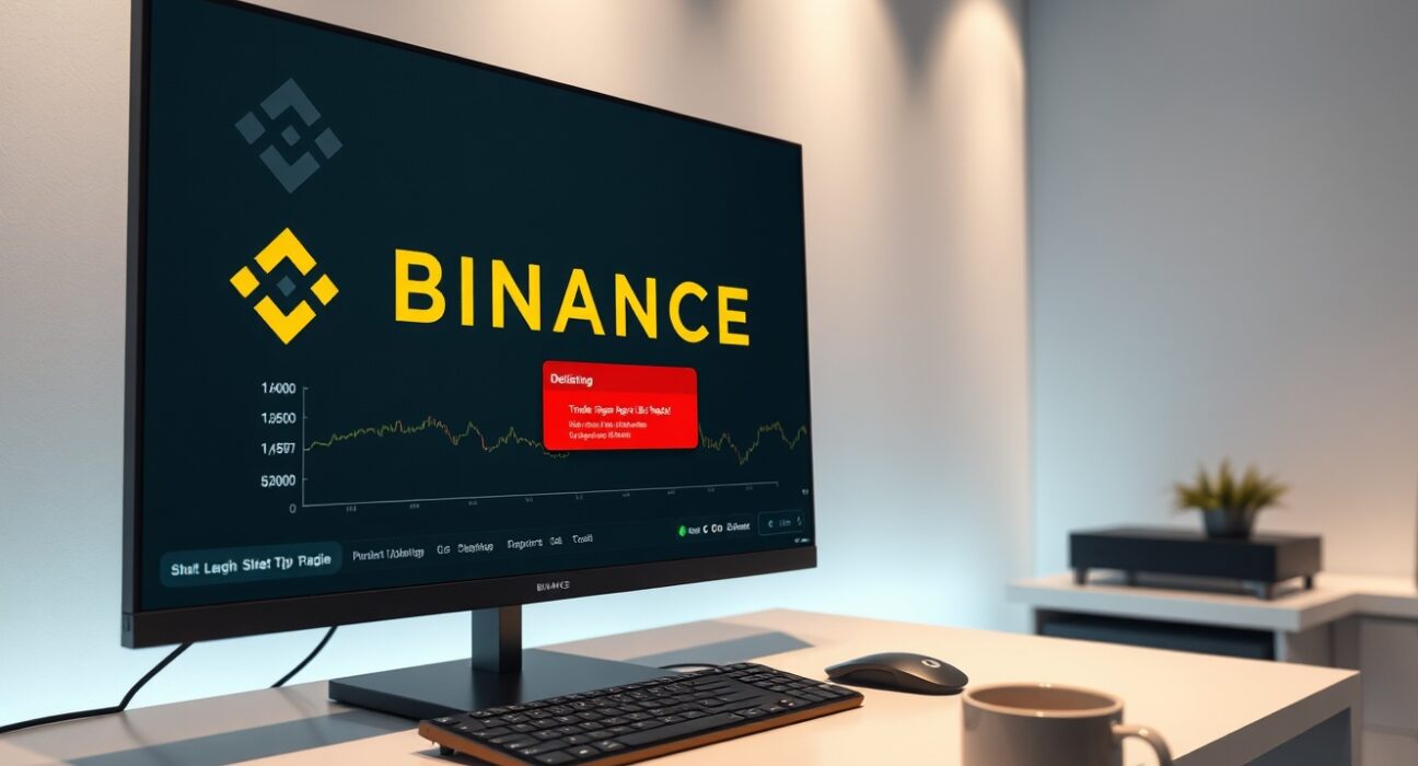 Binance trading interface showing IP/USDT delisting notice on a monitor