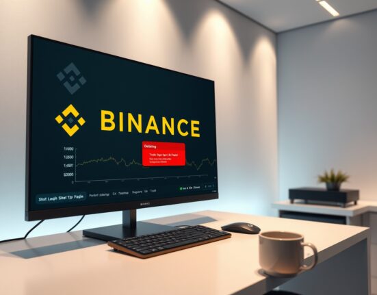 Binance trading interface showing IP/USDT delisting notice on a monitor
