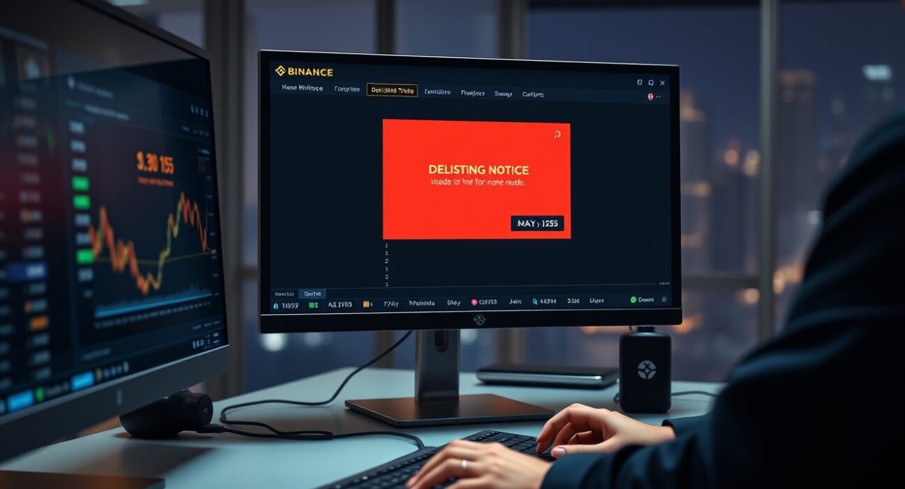 Trader monitoring Binance delisting notice on trading screens in a professional office setting