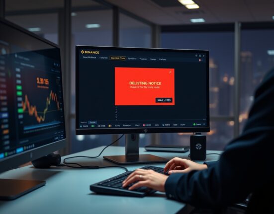 Trader monitoring Binance delisting notice on trading screens in a professional office setting