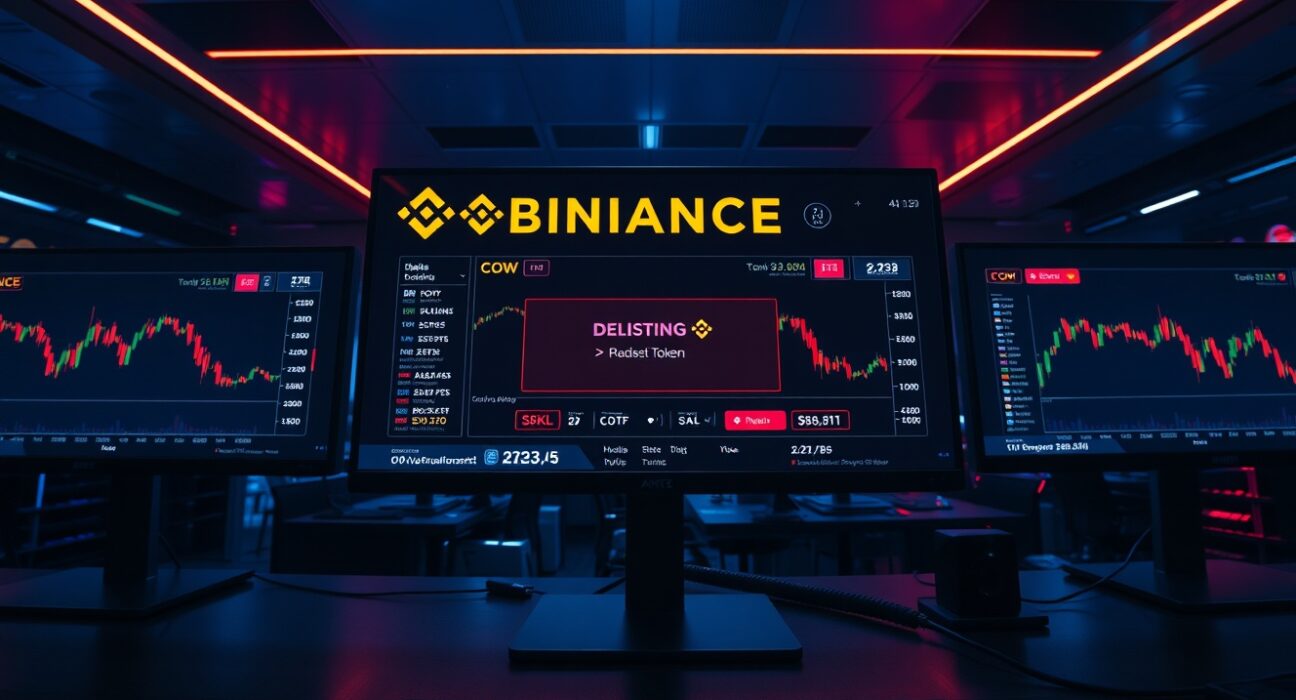 Trading screens showing Binance delisting alert for COW, SKL, and COTI tokens