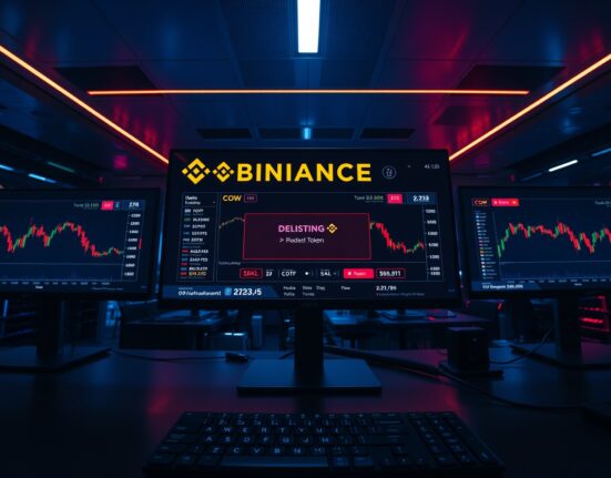 Trading screens showing Binance delisting alert for COW, SKL, and COTI tokens