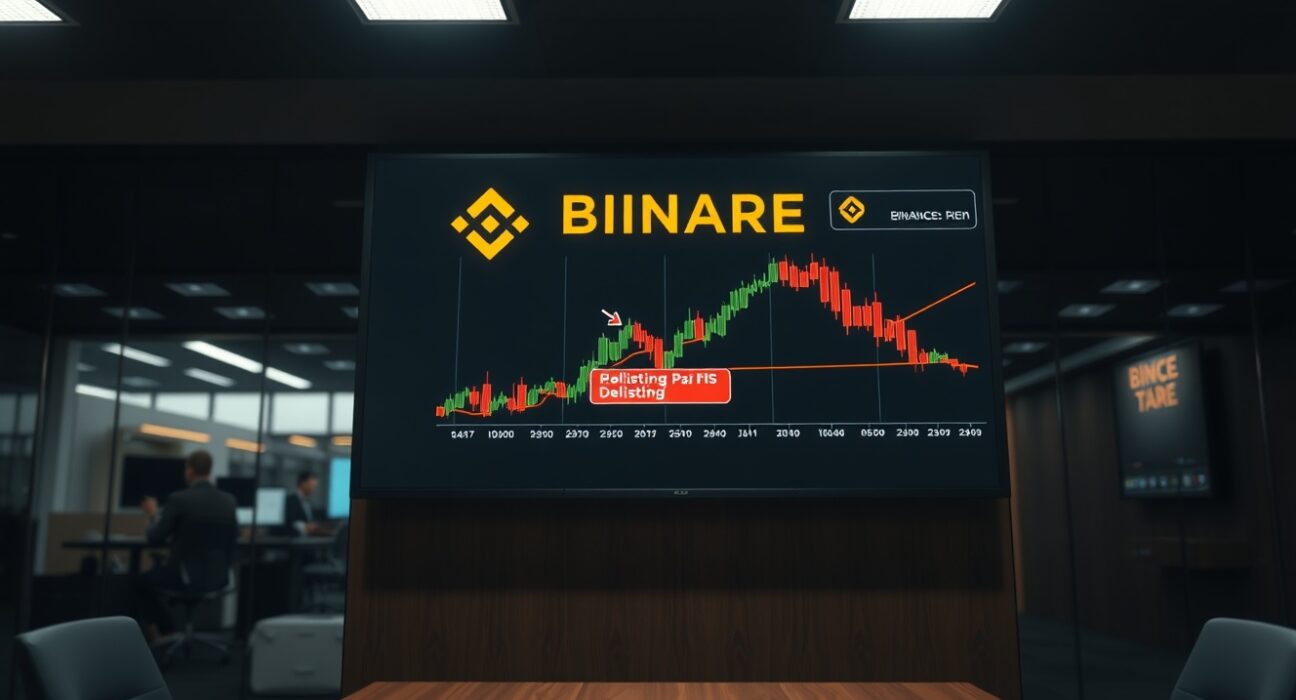 Binance delisting announcement on digital display screen in newsroom setting