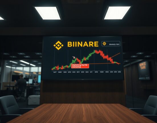 Binance delisting announcement on digital display screen in newsroom setting
