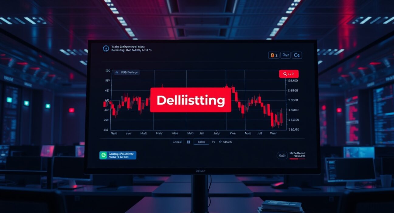 Cryptocurrency trading screen showing a Binance delisting notification with red market indicators