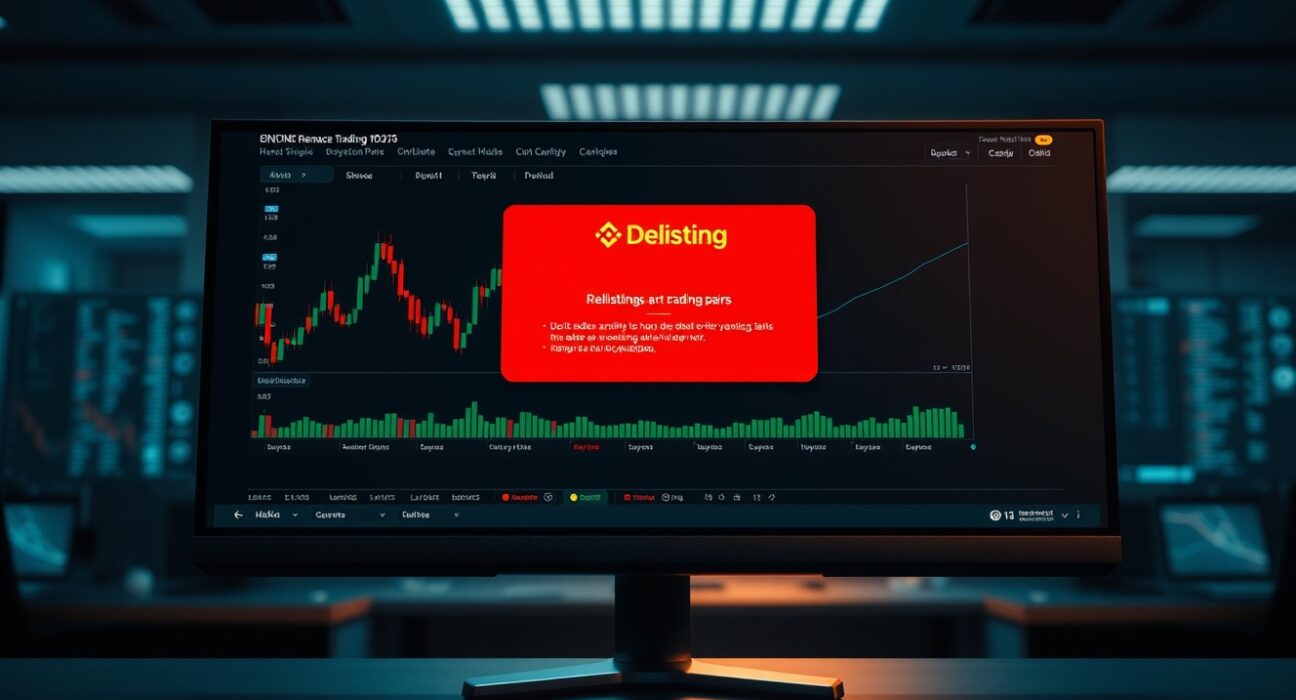 Binance trading interface showing a delisting notice on a dark-themed cryptocurrency exchange dashboard