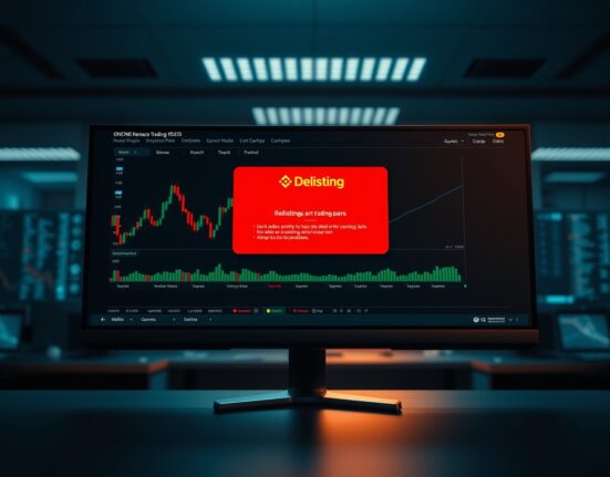 Binance trading interface showing a delisting notice on a dark-themed cryptocurrency exchange dashboard